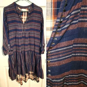 World Market Cotton Flannel Striped Hi-Lo Roll-Tab Sleeve Midi Dress S/M S M